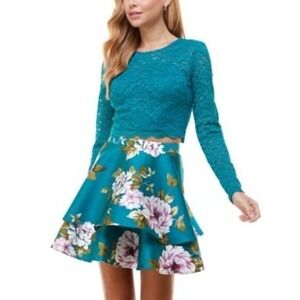 City Studio Floral Layered Tiered Mini Skirt Girls Sz 5 Teal Ruffle Boho Whimsy